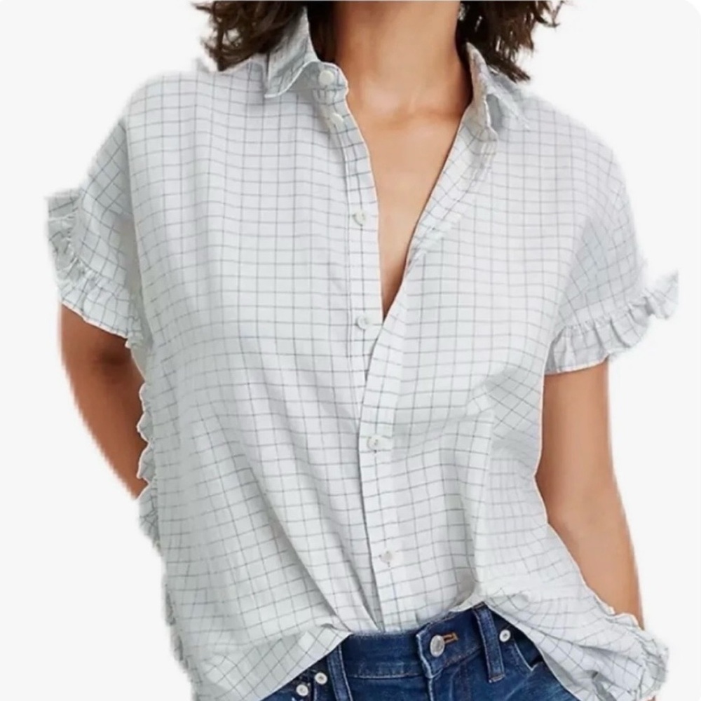 Madewell Cotton Windowpane Check Ruffle Cap Sleeve Collared Top XS Oversized